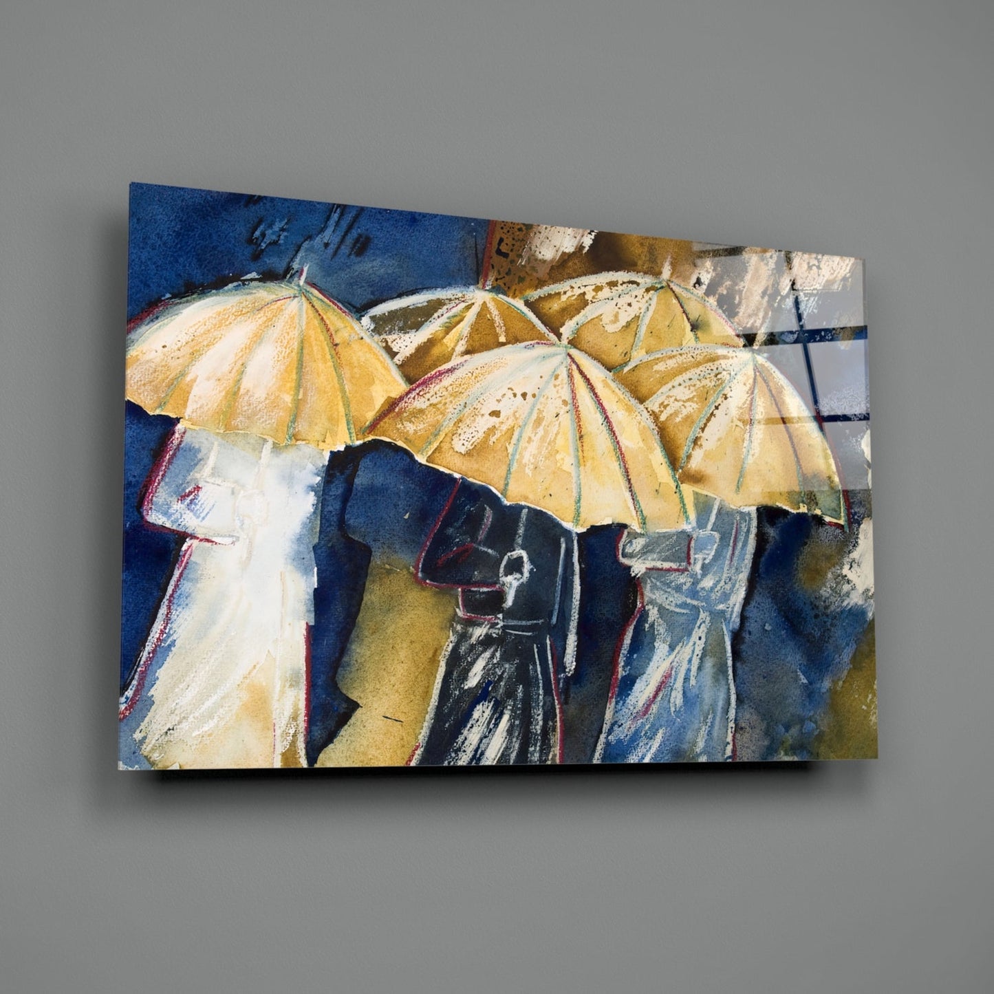 Watercolor Umbrella Crowd On Navy Glass Wall Art