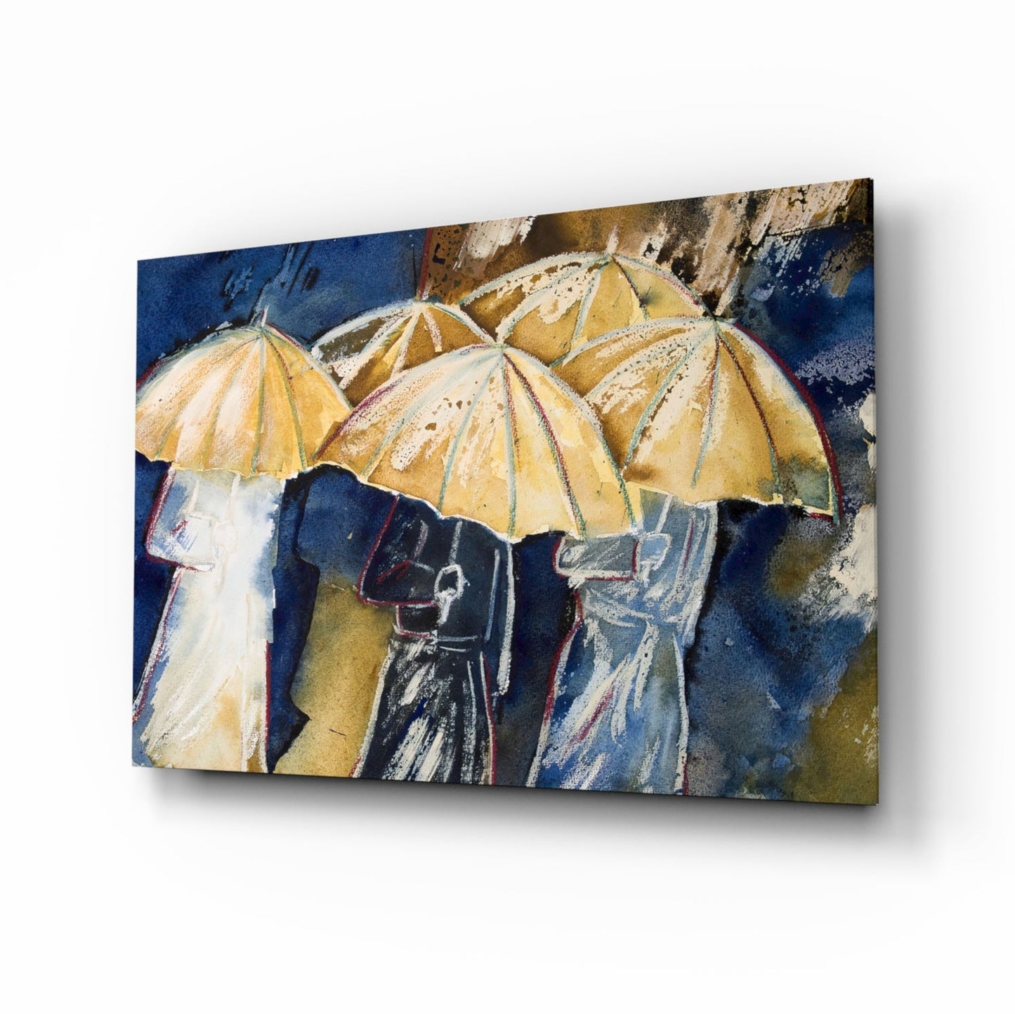 Watercolor Umbrella Crowd On Navy Glass Wall Art
