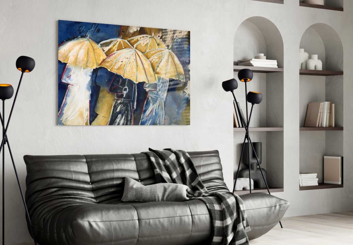 Watercolor Umbrella Crowd On Navy Glass Wall Art