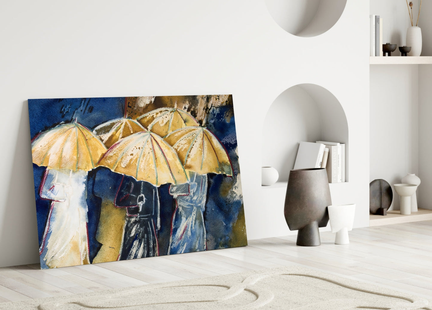 Watercolor Umbrella Crowd On Navy Glass Wall Art