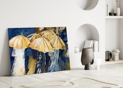 Watercolor Umbrella Crowd On Navy Glass Wall Art