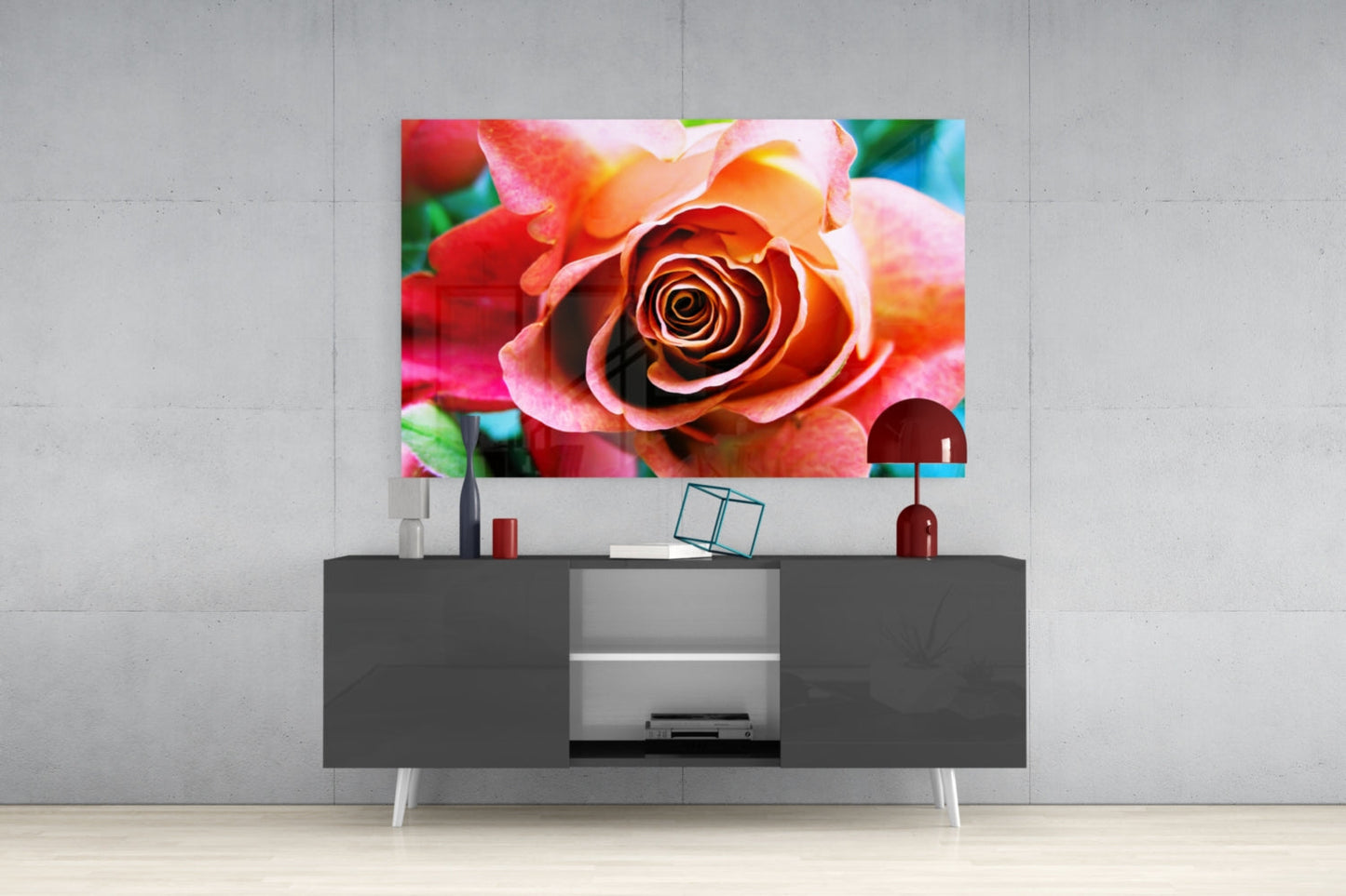 Peach Rose Teal Backdrop Glass Wall Art