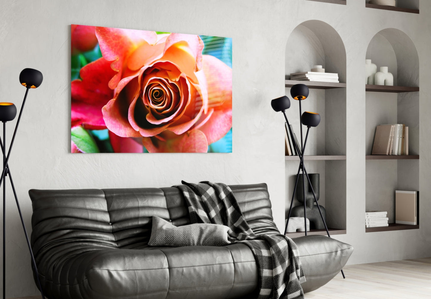 Peach Rose Teal Backdrop Glass Wall Art