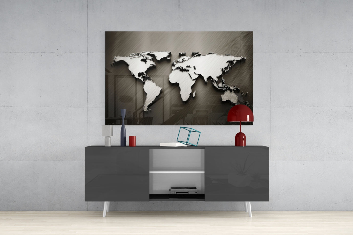 Chrome Relief World Map Glass Wall Art