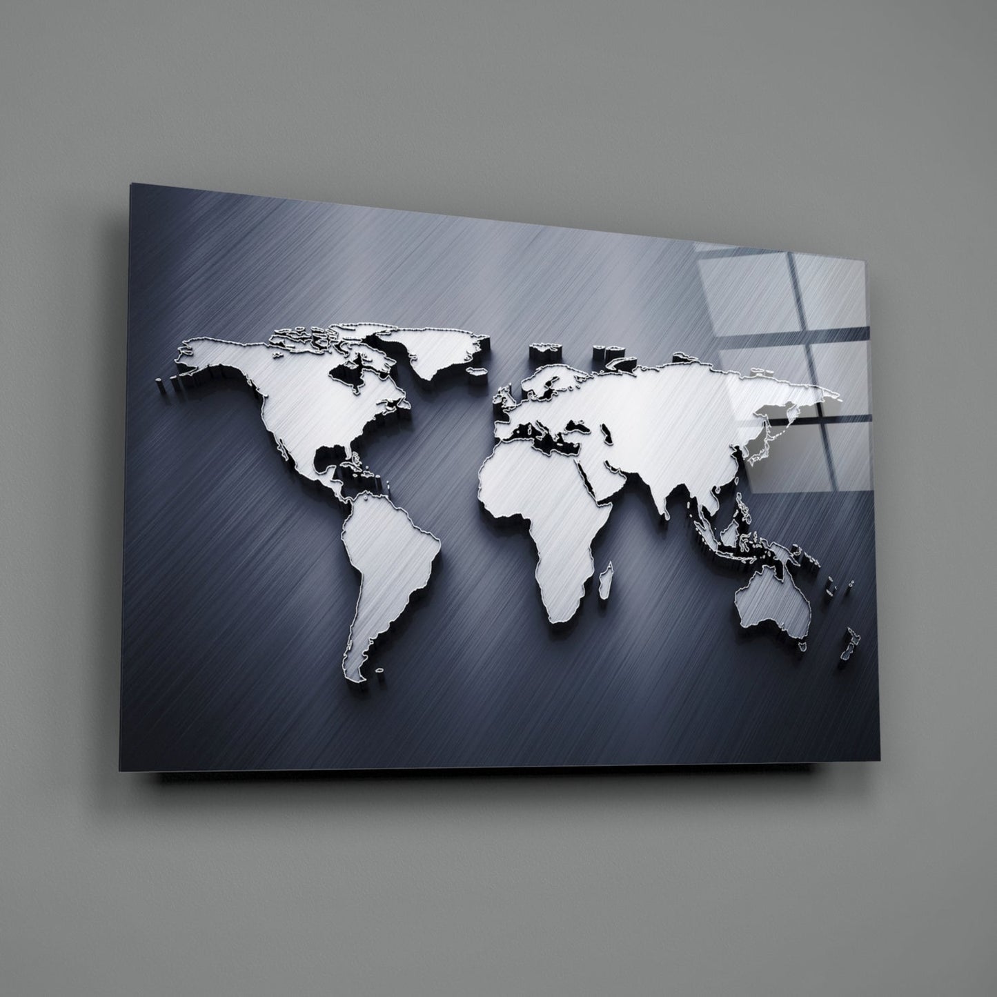 Brushed Steel 3D World Map Glass Wall Art