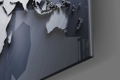 Brushed Steel 3D World Map Glass Wall Art
