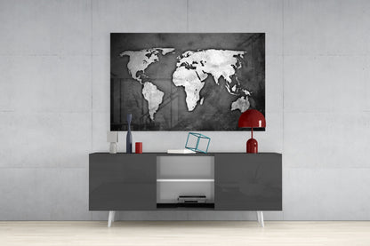 Silver Foil World Map Dark Glass Wall Art