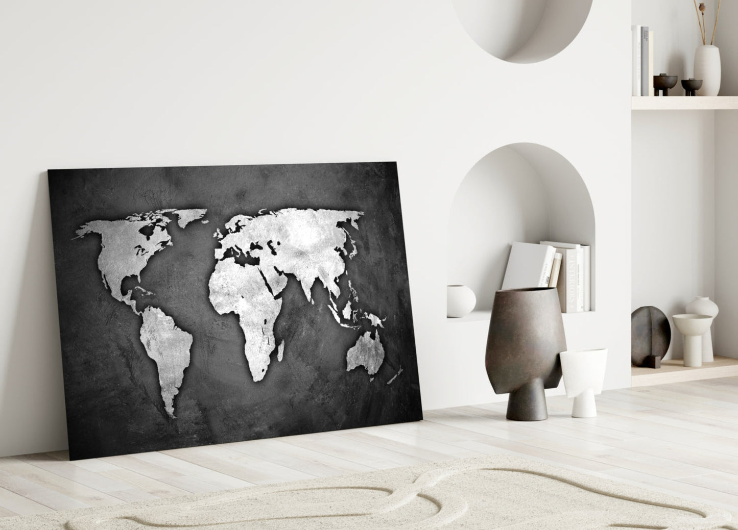 Silver Foil World Map Dark Glass Wall Art