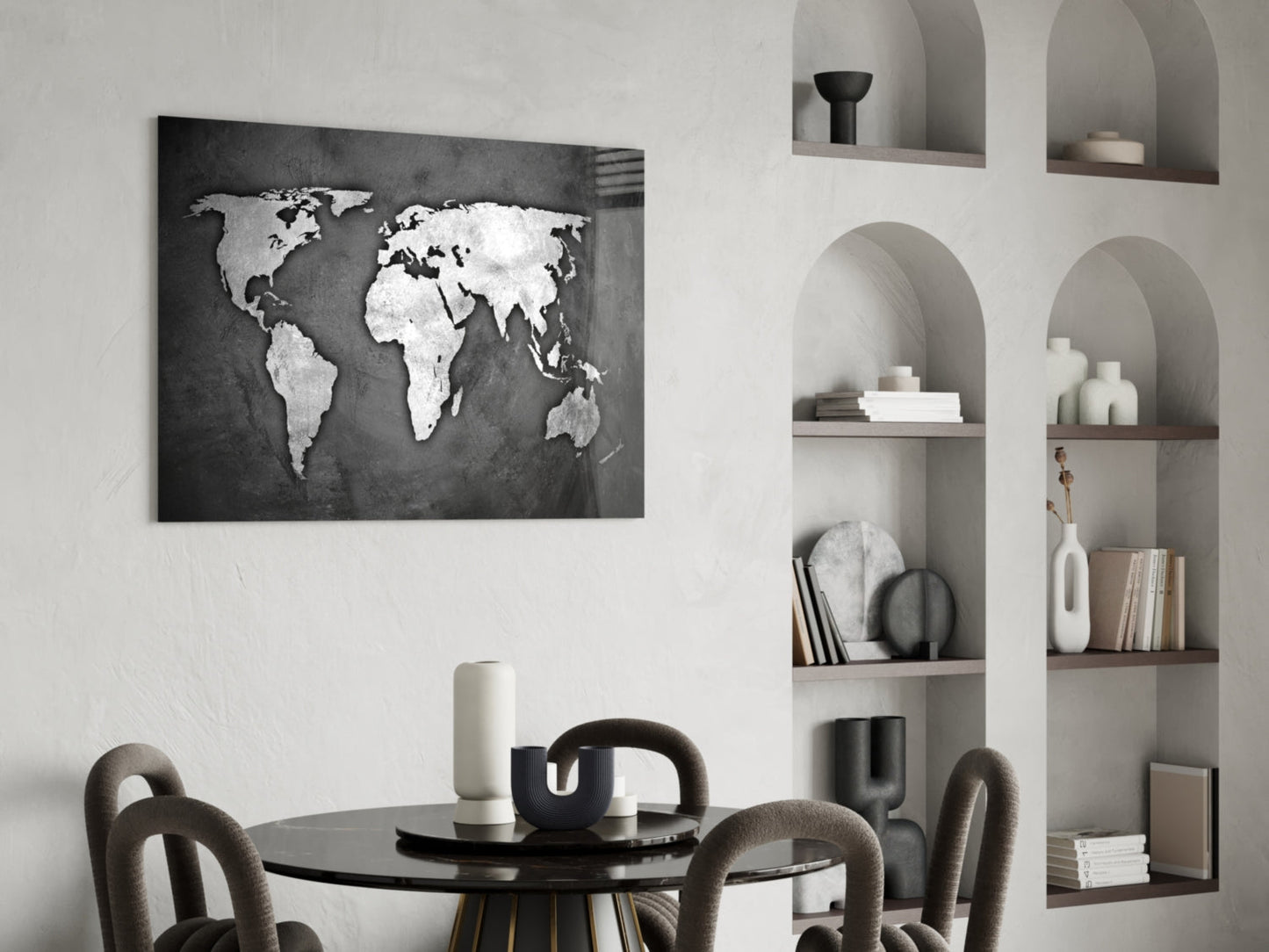 Silver Foil World Map Dark Glass Wall Art
