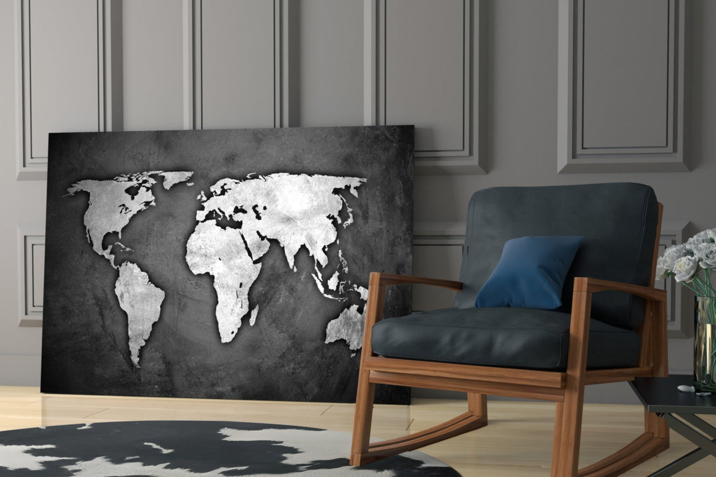 Silver Foil World Map Dark Glass Wall Art