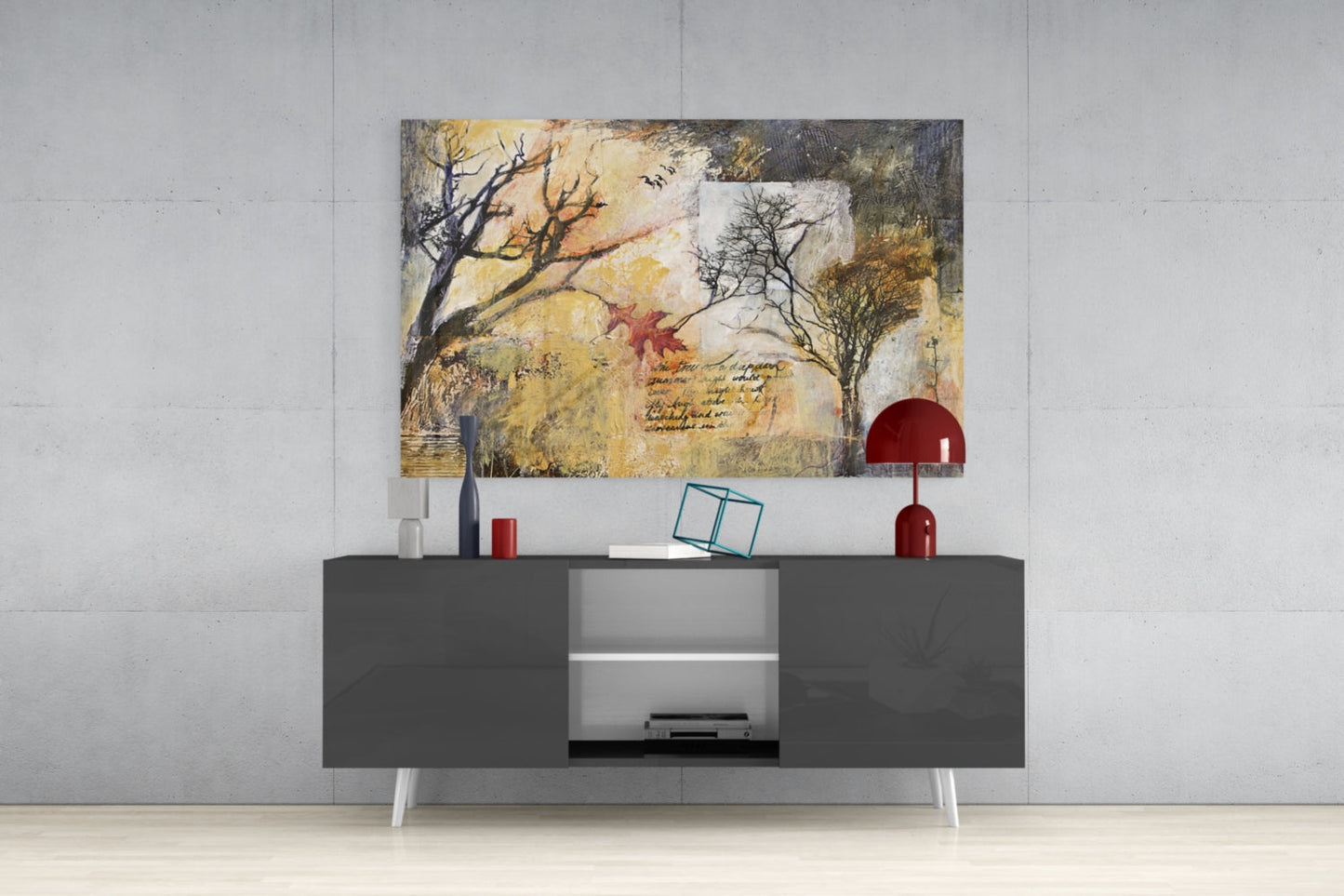 Bare Trees Autumn Collage Script Glass Wall Art