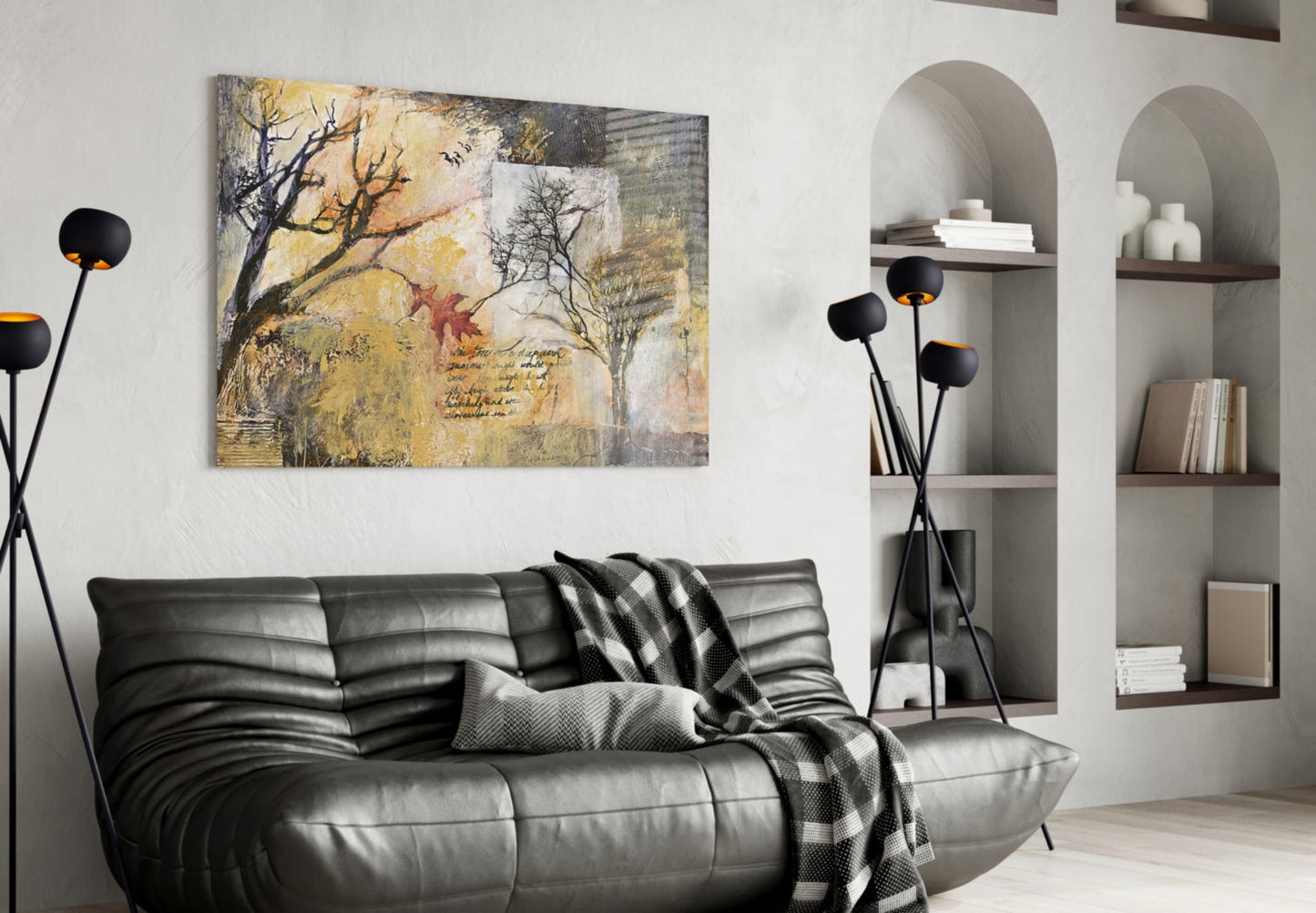 Bare Trees Autumn Collage Script Glass Wall Art