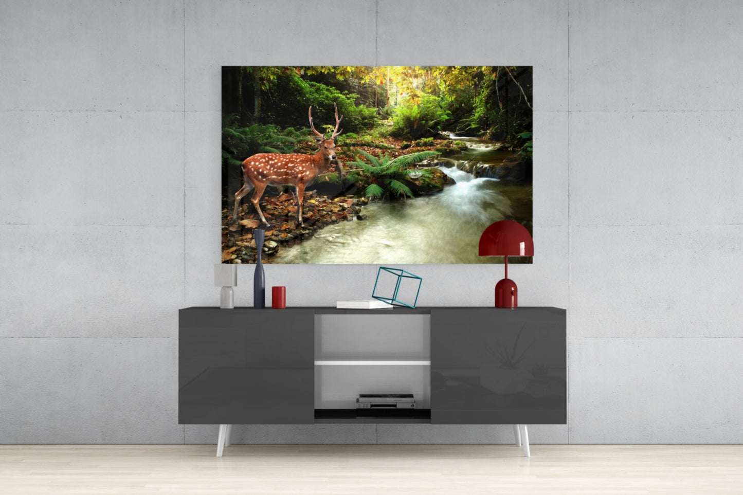 Spotted Deer Forest Stream Glass Wall Art