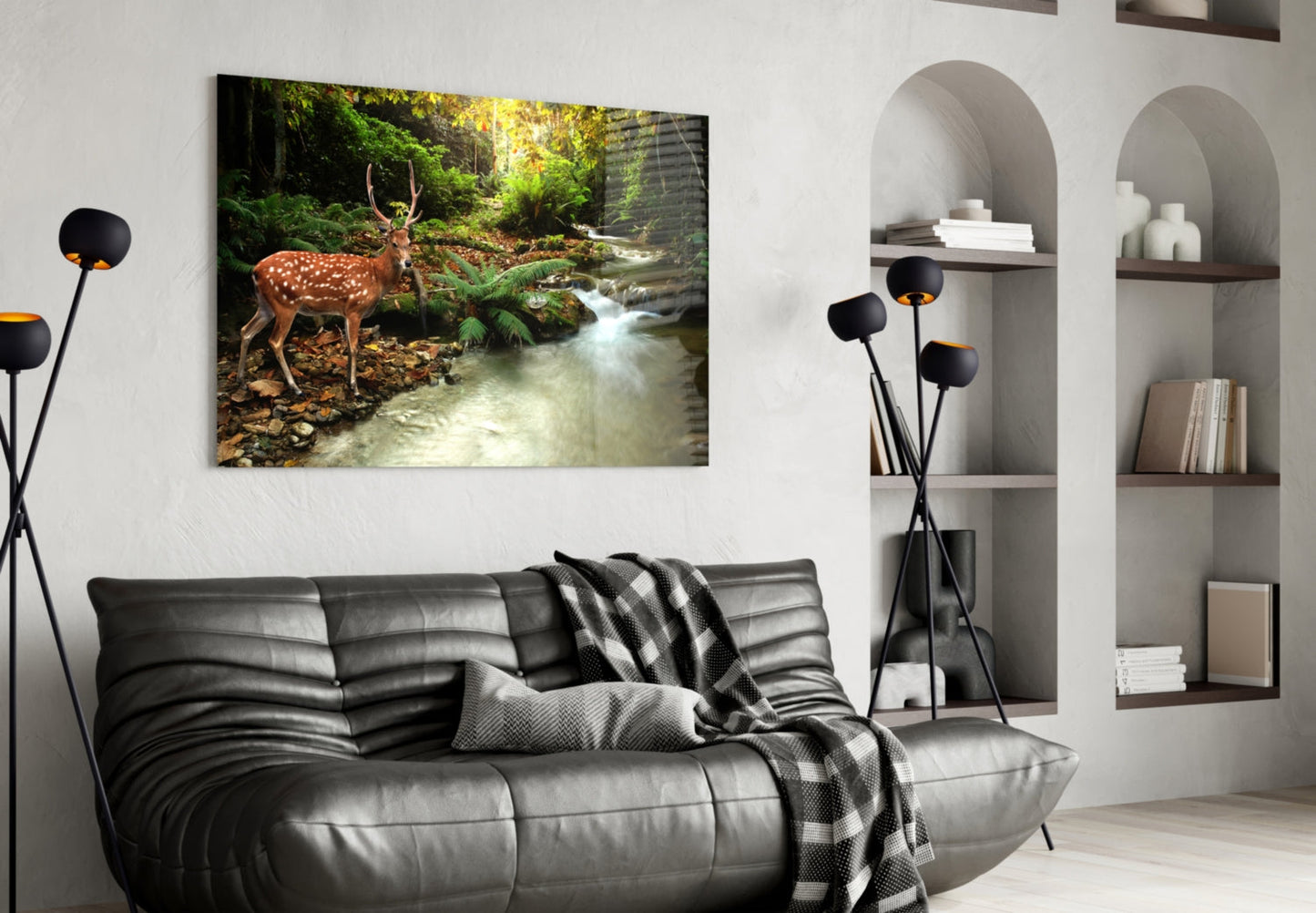 Spotted Deer Forest Stream Glass Wall Art