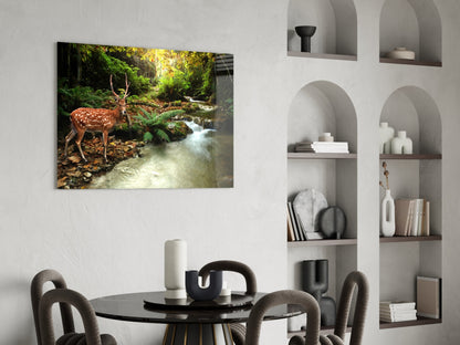 Spotted Deer Forest Stream Glass Wall Art
