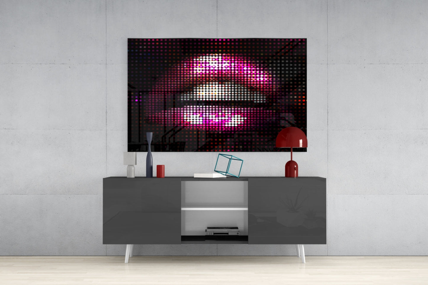 Pink Disco Dot Pixel Lips Glass Wall Art