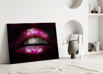 Pink Disco Dot Pixel Lips Glass Wall Art