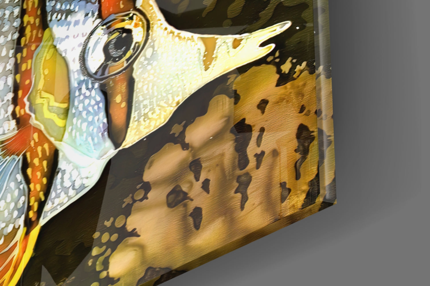 Close-up angled view of colorful glass wall art featuring a white and yellow fish head with orange, blue, and green patterned body against dark background.