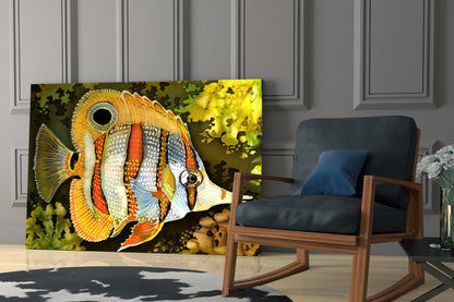 Orange fish glass wall art displayed in modern living room next to wooden chair with blue cushion.
