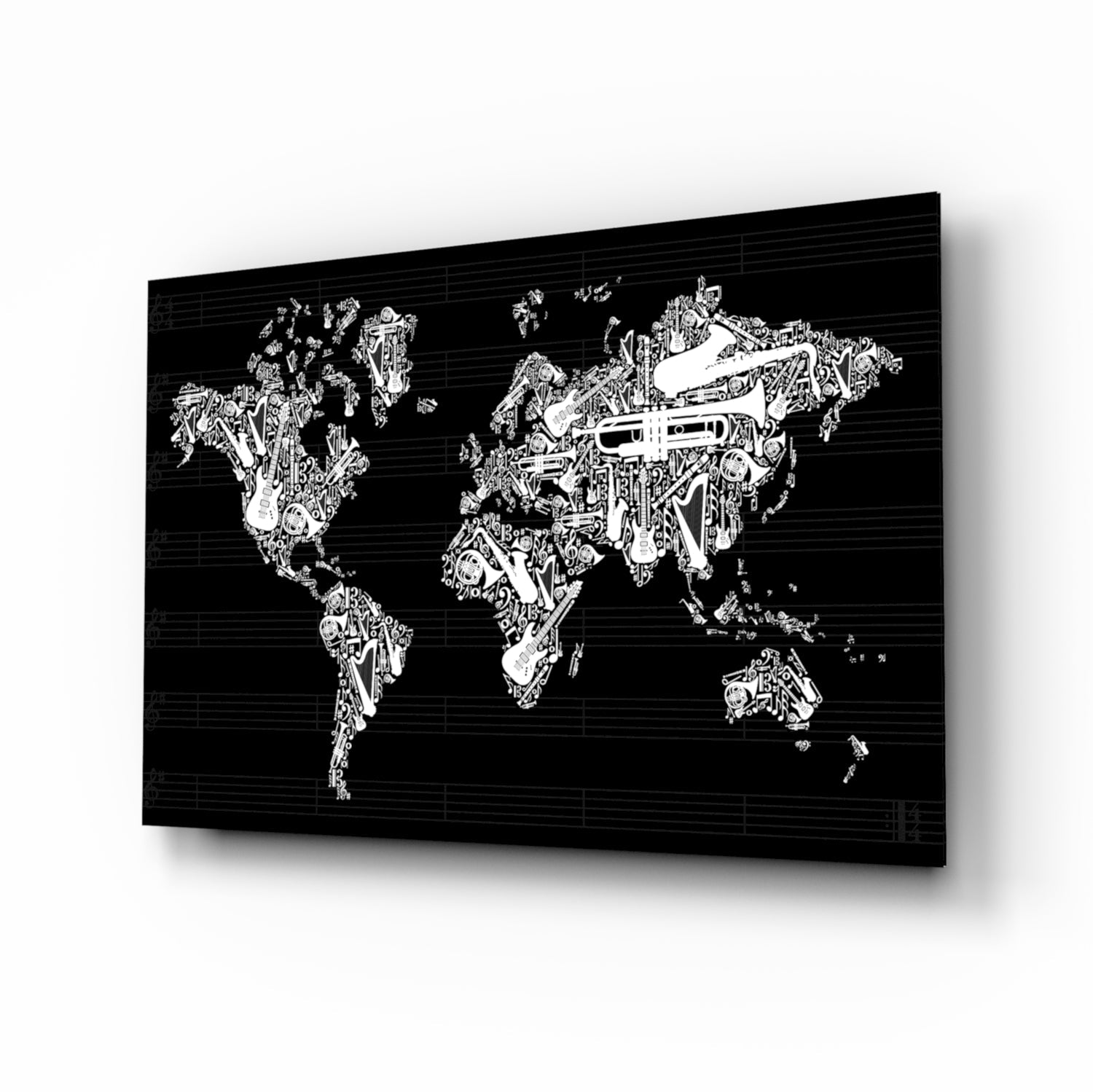 Black glass panel with white line art world map filled with musical instruments and symbols, angled perspective view.
