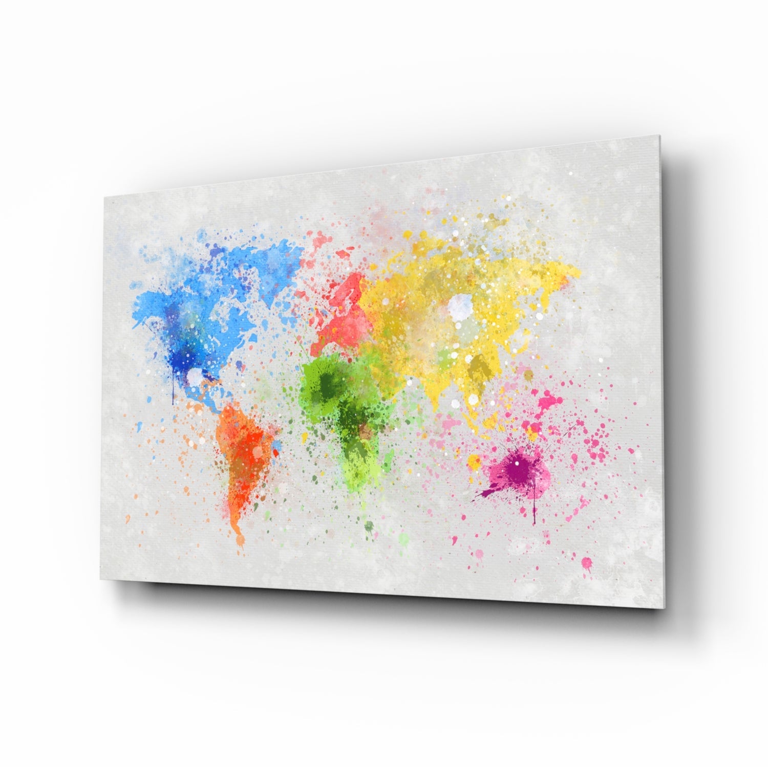 Colorful watercolor world map with blue, red, yellow, green, orange, and pink splashes on light gray glass panel displayed at an angle.