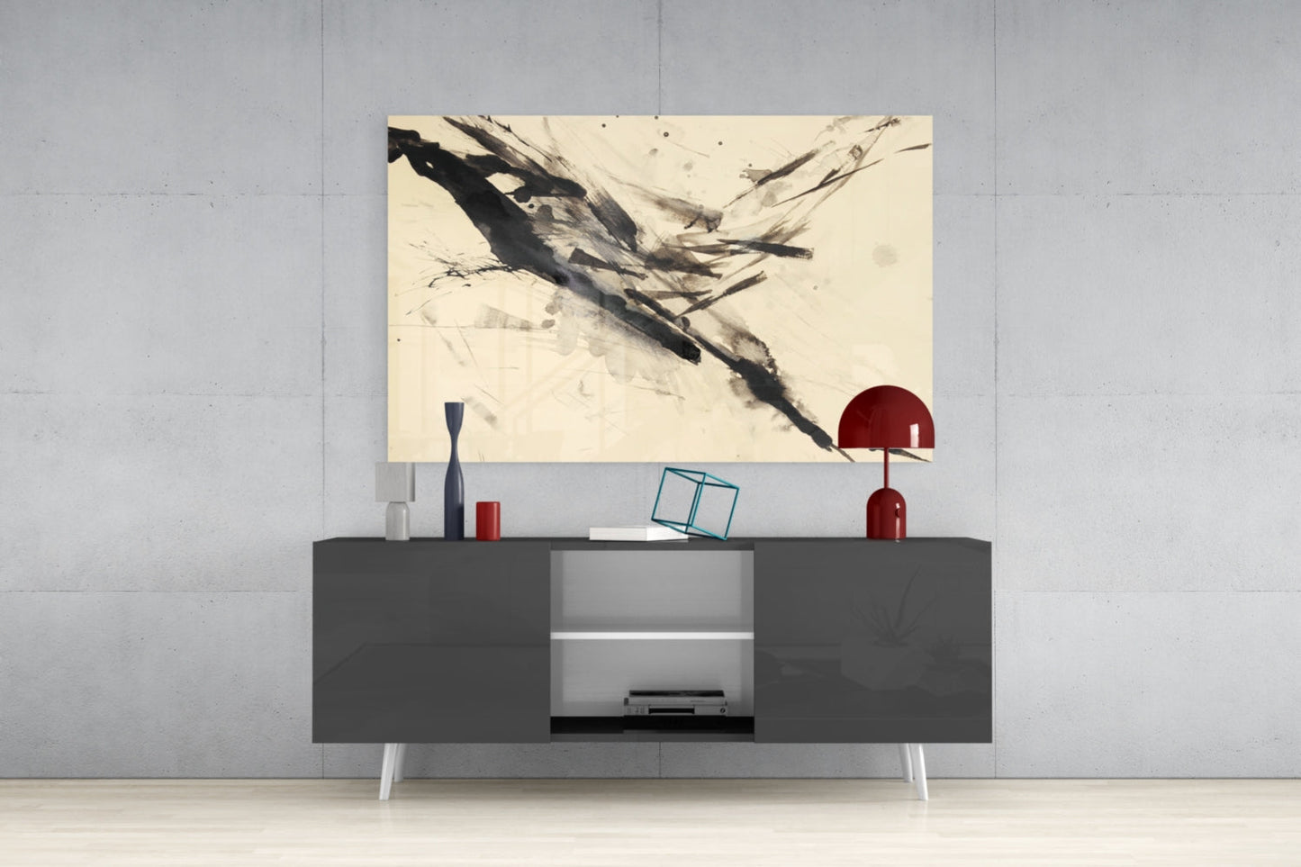 Black Ink Splash Beige Glass Wall Art