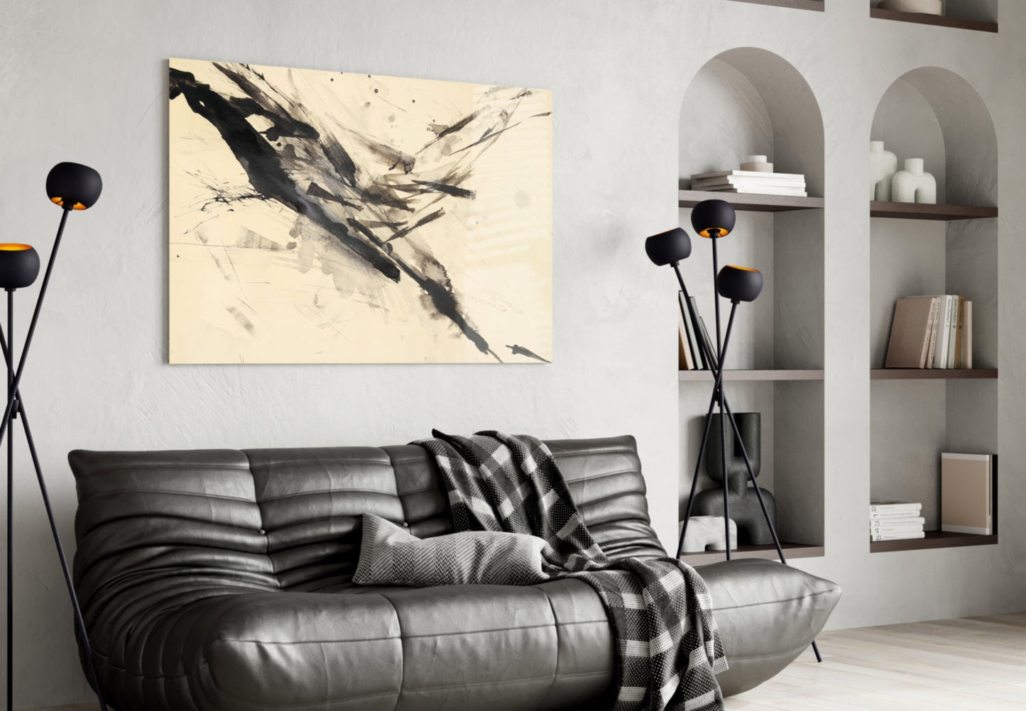 Black Ink Splash Beige Glass Wall Art