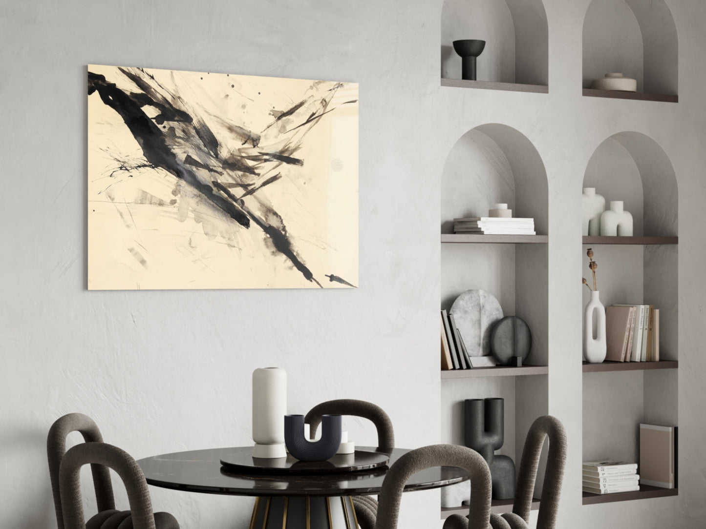 Black Ink Splash Beige Glass Wall Art