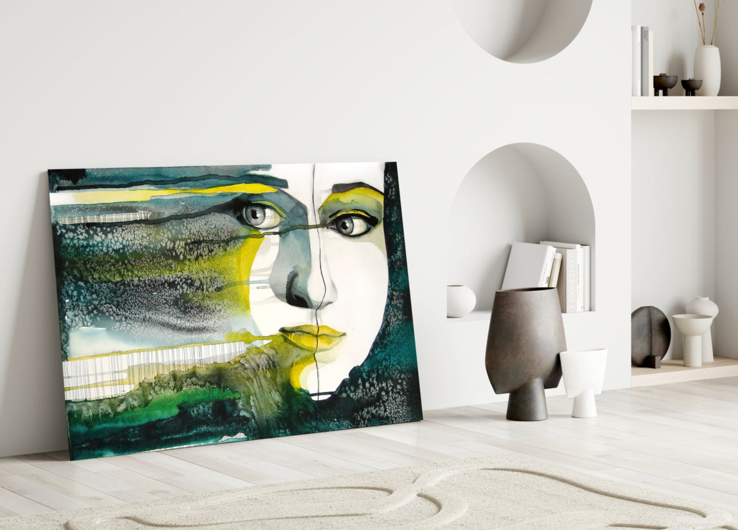Green Watercolor Face Glass Wall Art