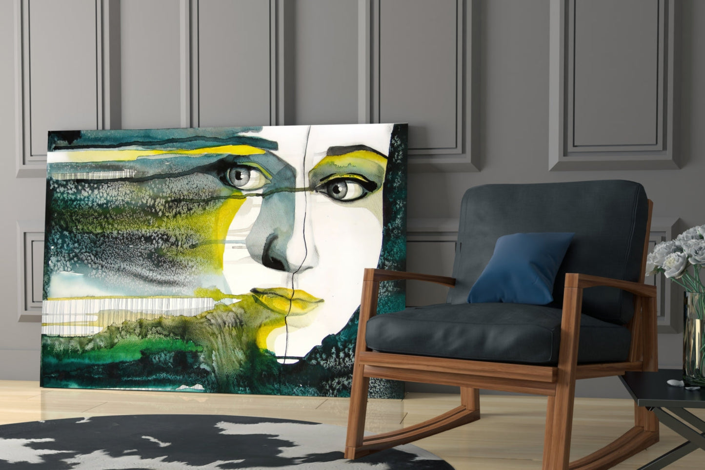 Green Watercolor Face Glass Wall Art