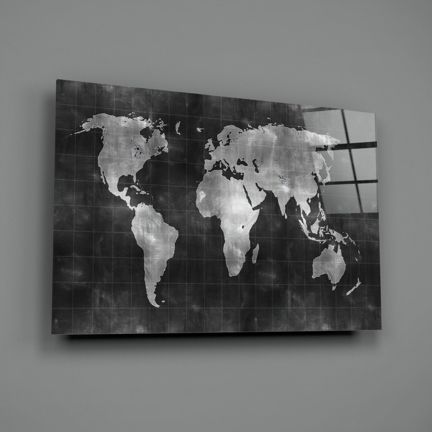 Misty Silver World Map Grid Glass Wall Art