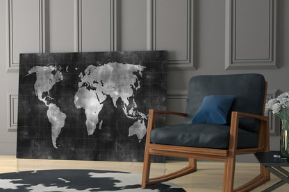 Misty Silver World Map Grid Glass Wall Art