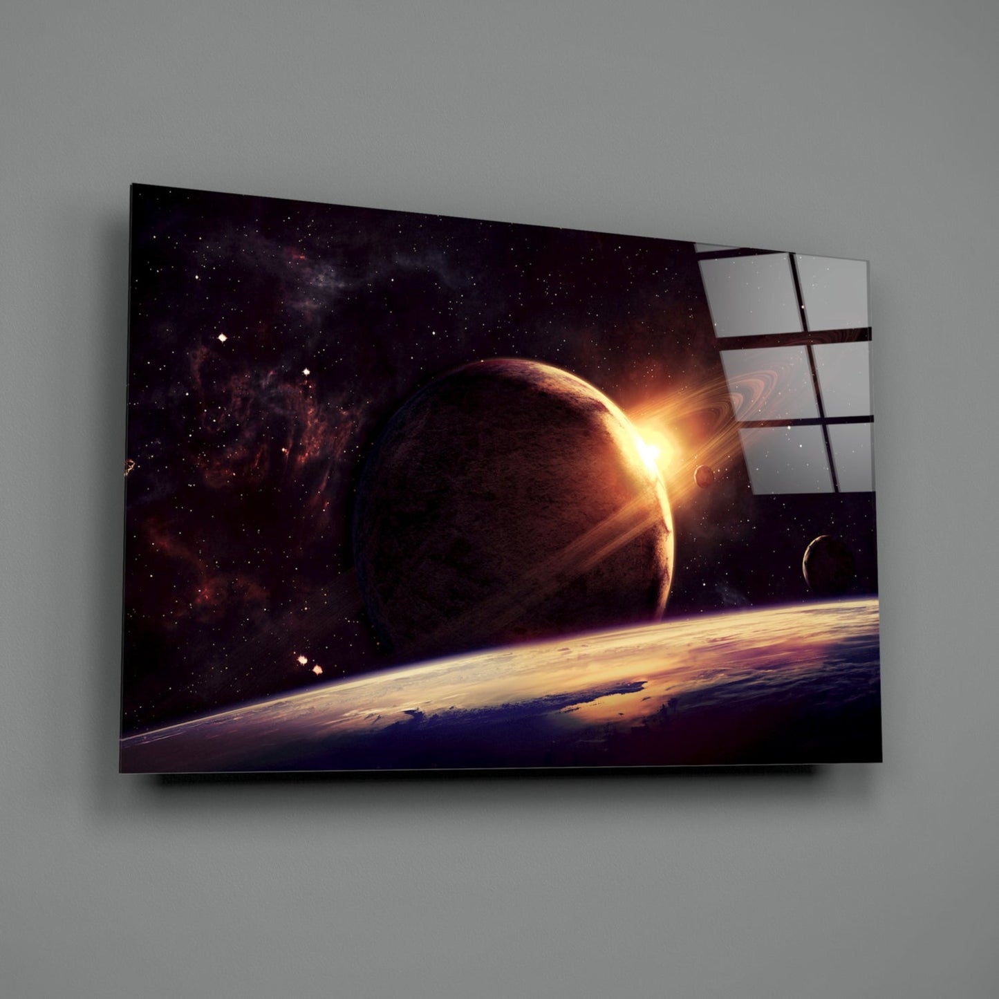 Sunrise Behind Planet Glass Wall Art
