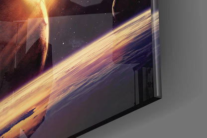 Sunrise Behind Planet Glass Wall Art