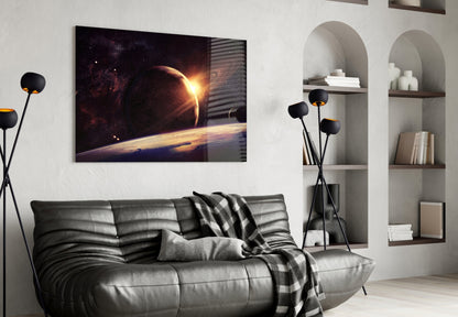 Sunrise Behind Planet Glass Wall Art