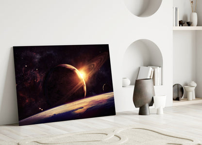 Sunrise Behind Planet Glass Wall Art