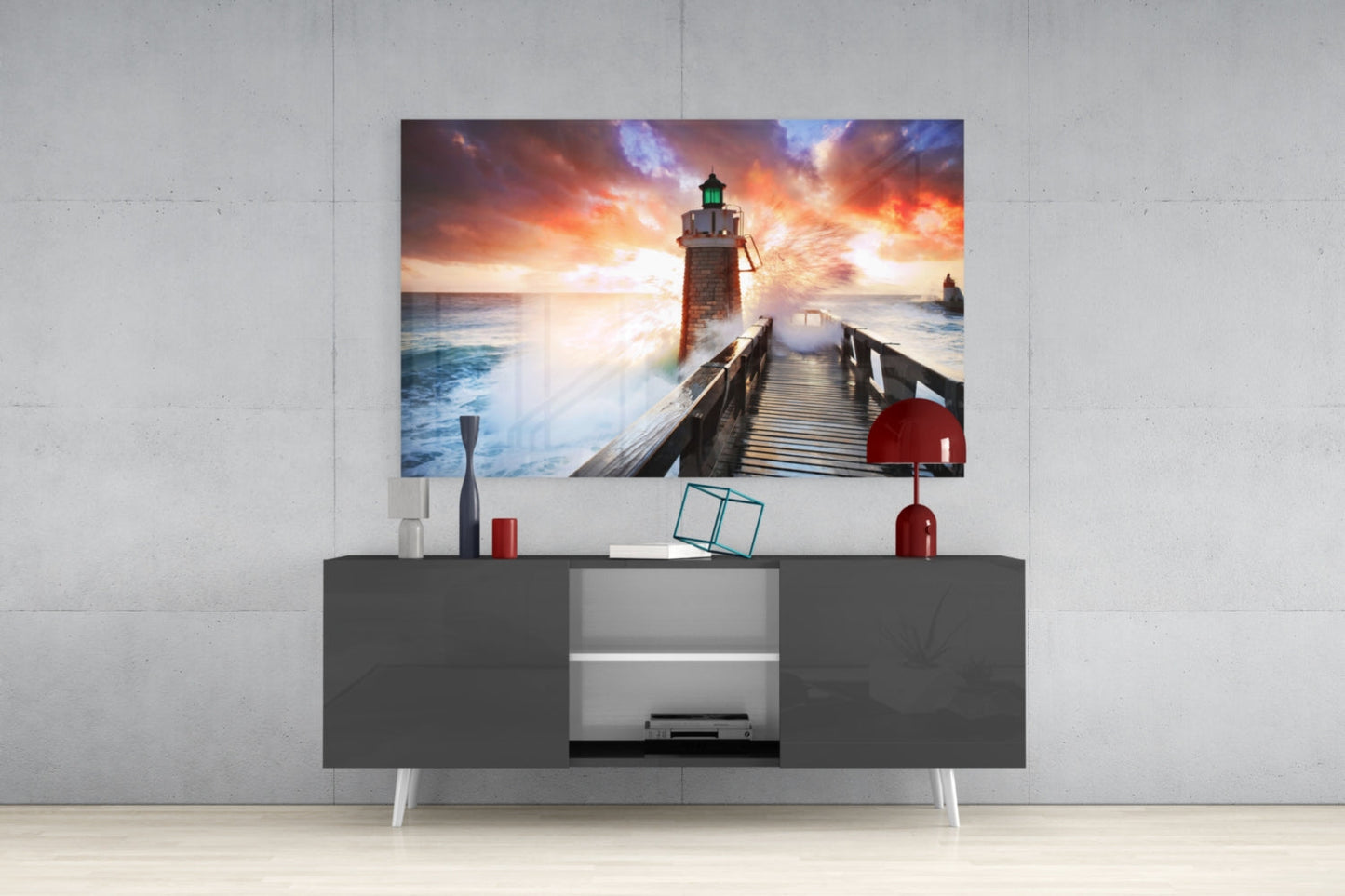 Fiery Sky Stormy Pier Lighthouse Glass Wall Art