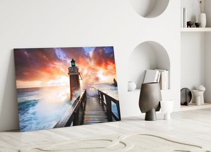 Fiery Sky Stormy Pier Lighthouse Glass Wall Art