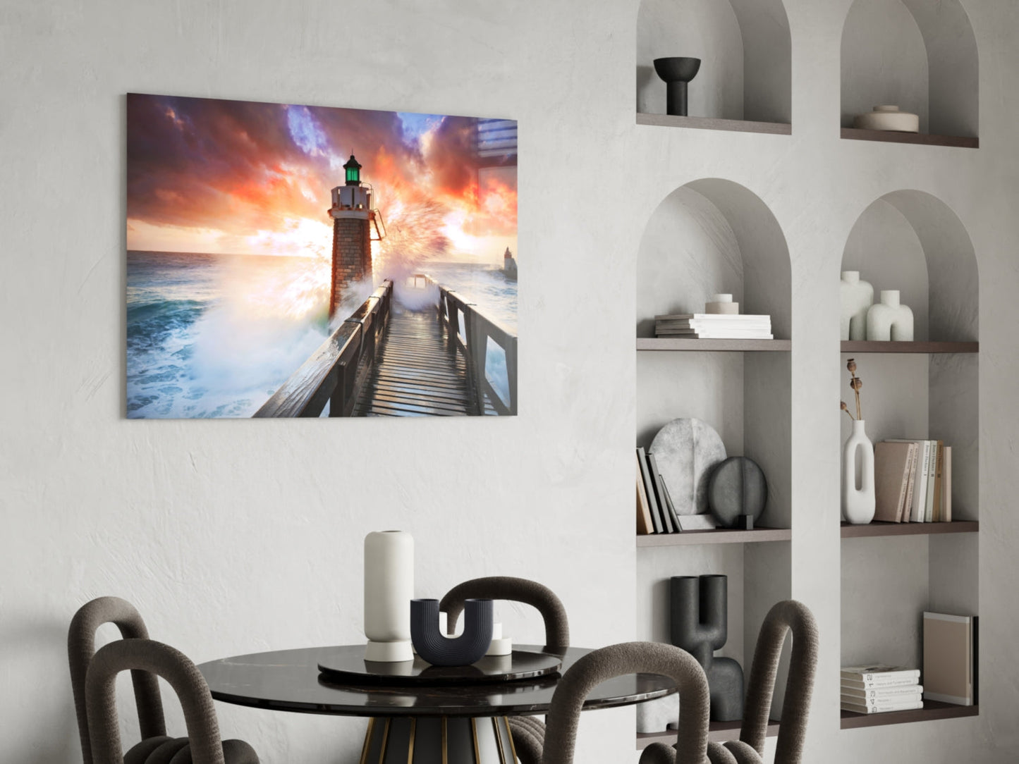 Fiery Sky Stormy Pier Lighthouse Glass Wall Art