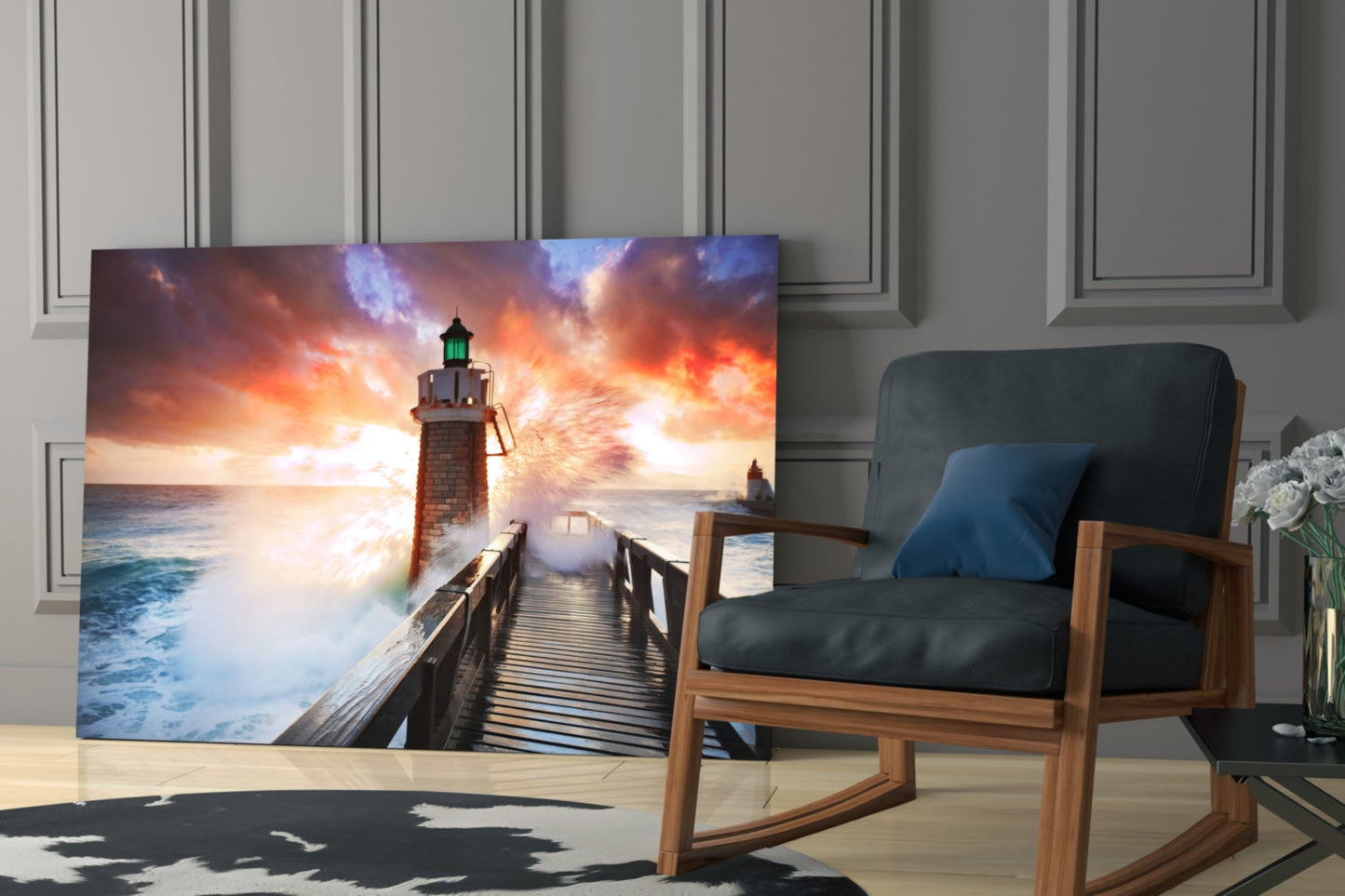 Fiery Sky Stormy Pier Lighthouse Glass Wall Art