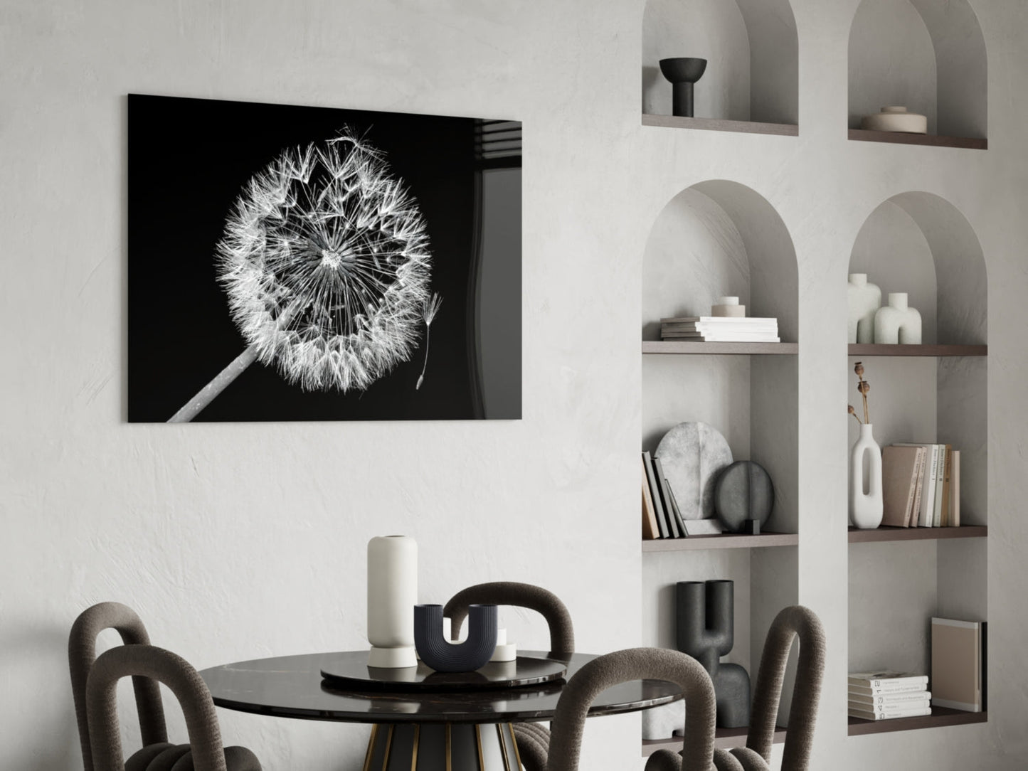 Dandelion Seeds Drifting Black Glass Wall Art
