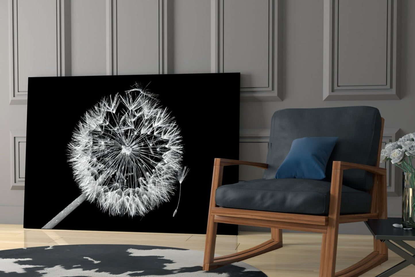 Dandelion Seeds Drifting Black Glass Wall Art