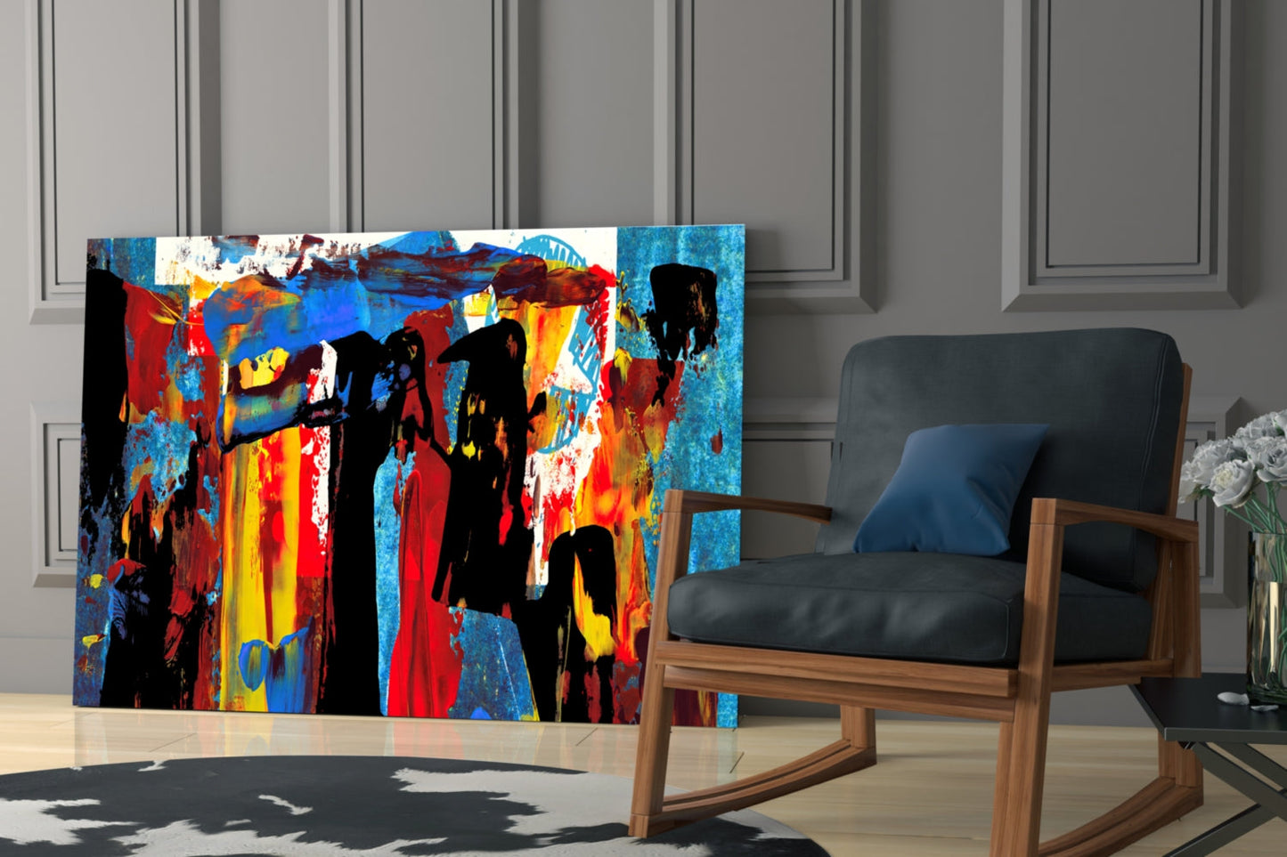 Blue Red Expressive Figures Glass Wall Art