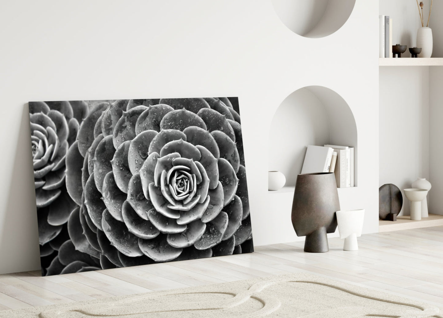 Monochrome Succulent Rosette Glass Wall Art