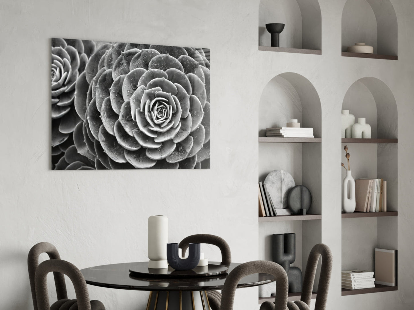 Monochrome Succulent Rosette Glass Wall Art