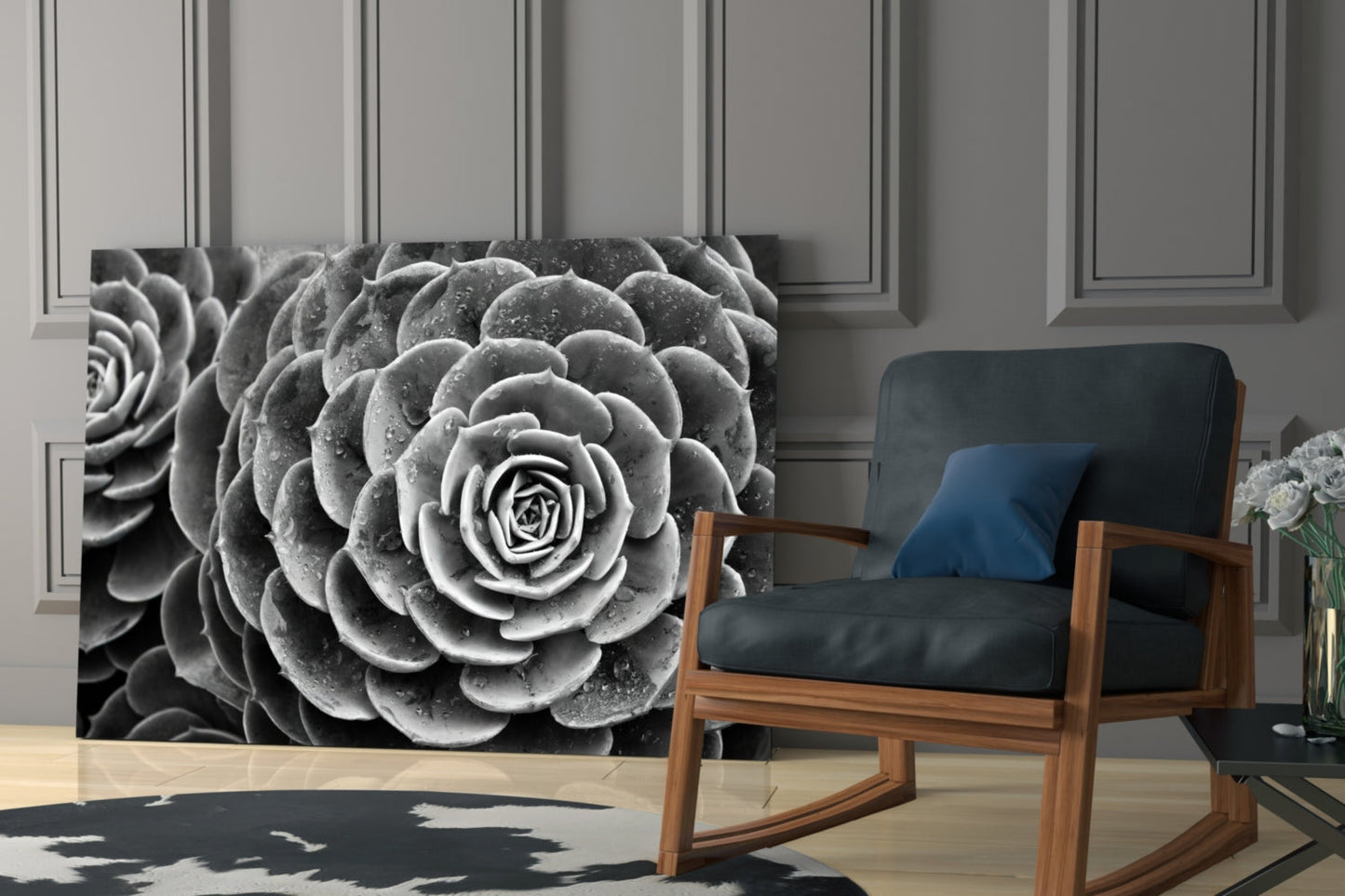Monochrome Succulent Rosette Glass Wall Art