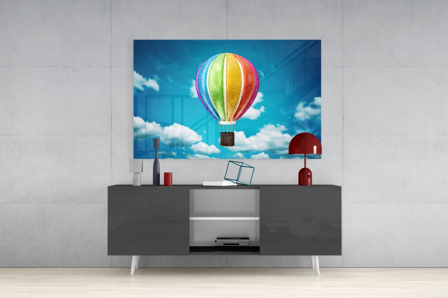 Rainbow Balloon in Bright Blue Sky Glass Wall Art