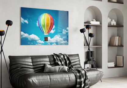 Rainbow Balloon in Bright Blue Sky Glass Wall Art