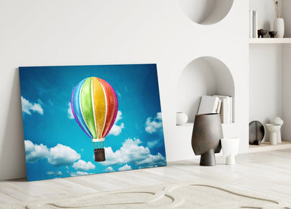 Rainbow Balloon in Bright Blue Sky Glass Wall Art