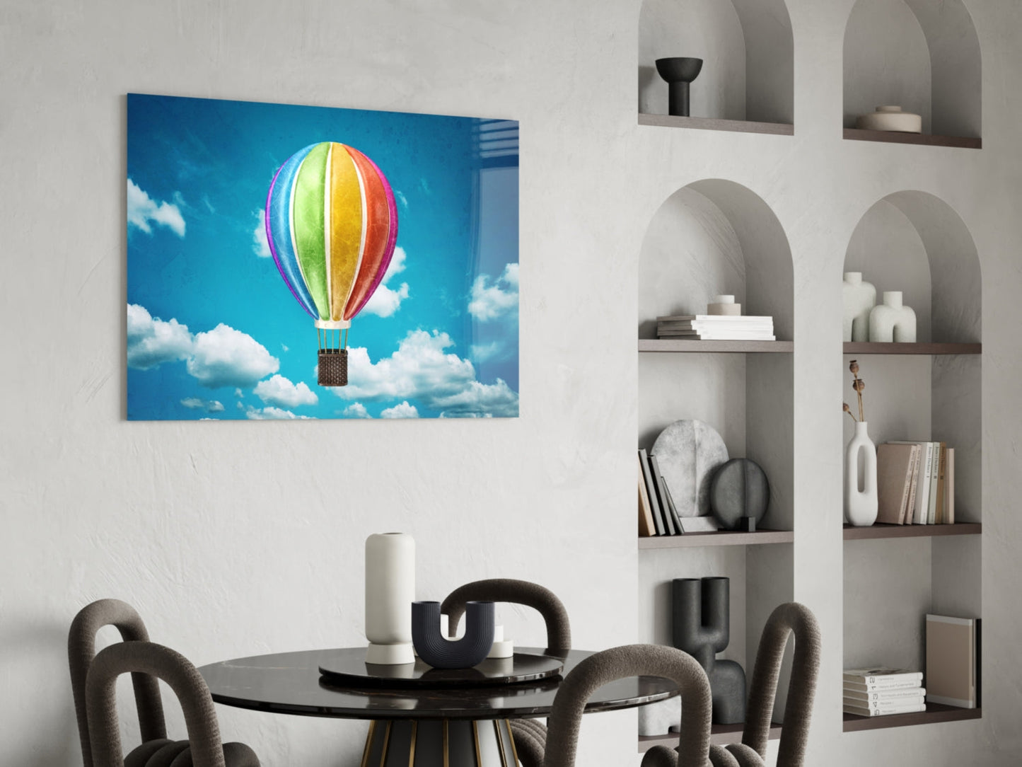 Rainbow Balloon in Bright Blue Sky Glass Wall Art